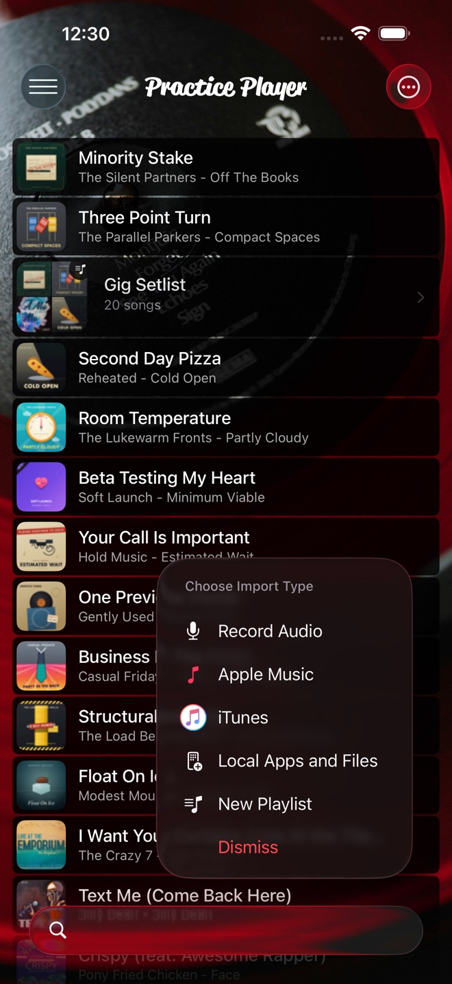 The add menu open over the song list