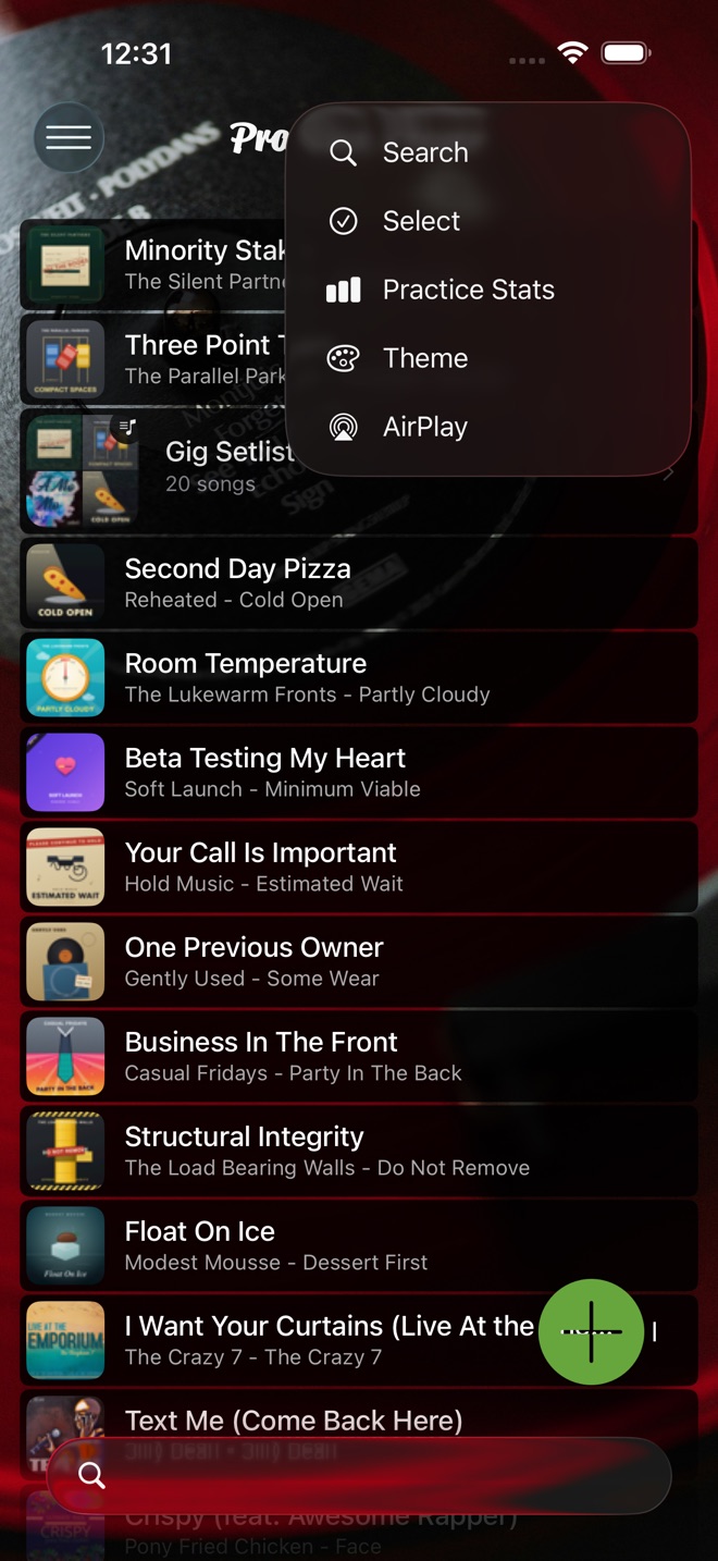 The song list more menu open: Search, Select, Practice Stats, Theme, AirPlay