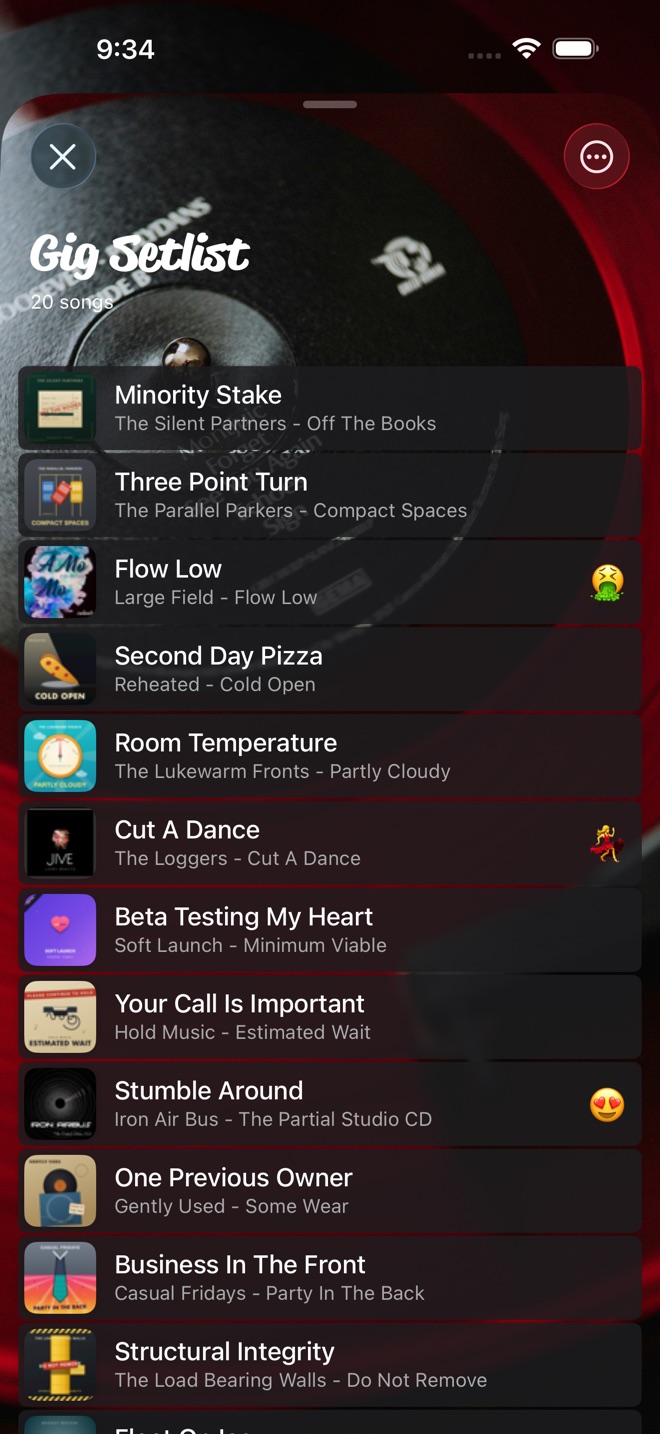 The Gig Setlist playlist open, songs in order