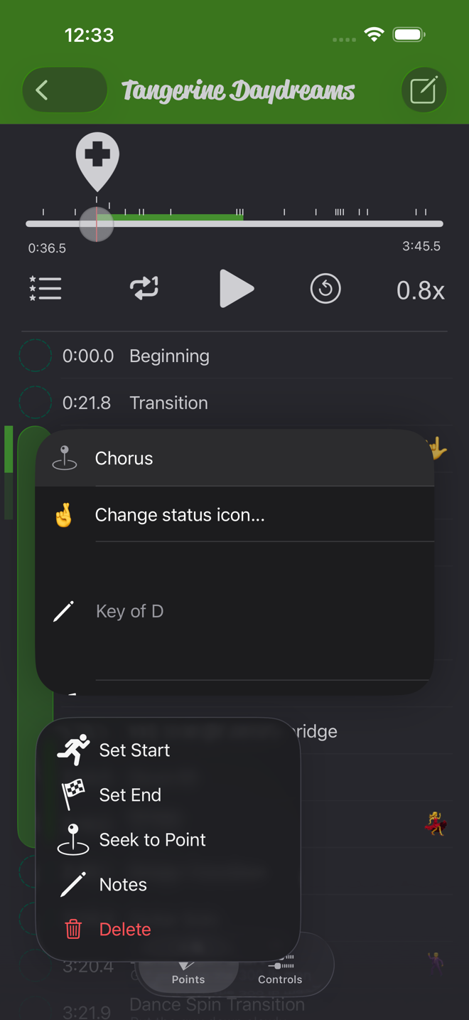 The long-press menu on a point: Set Start, Set End, Seek to Point, Notes, Delete
