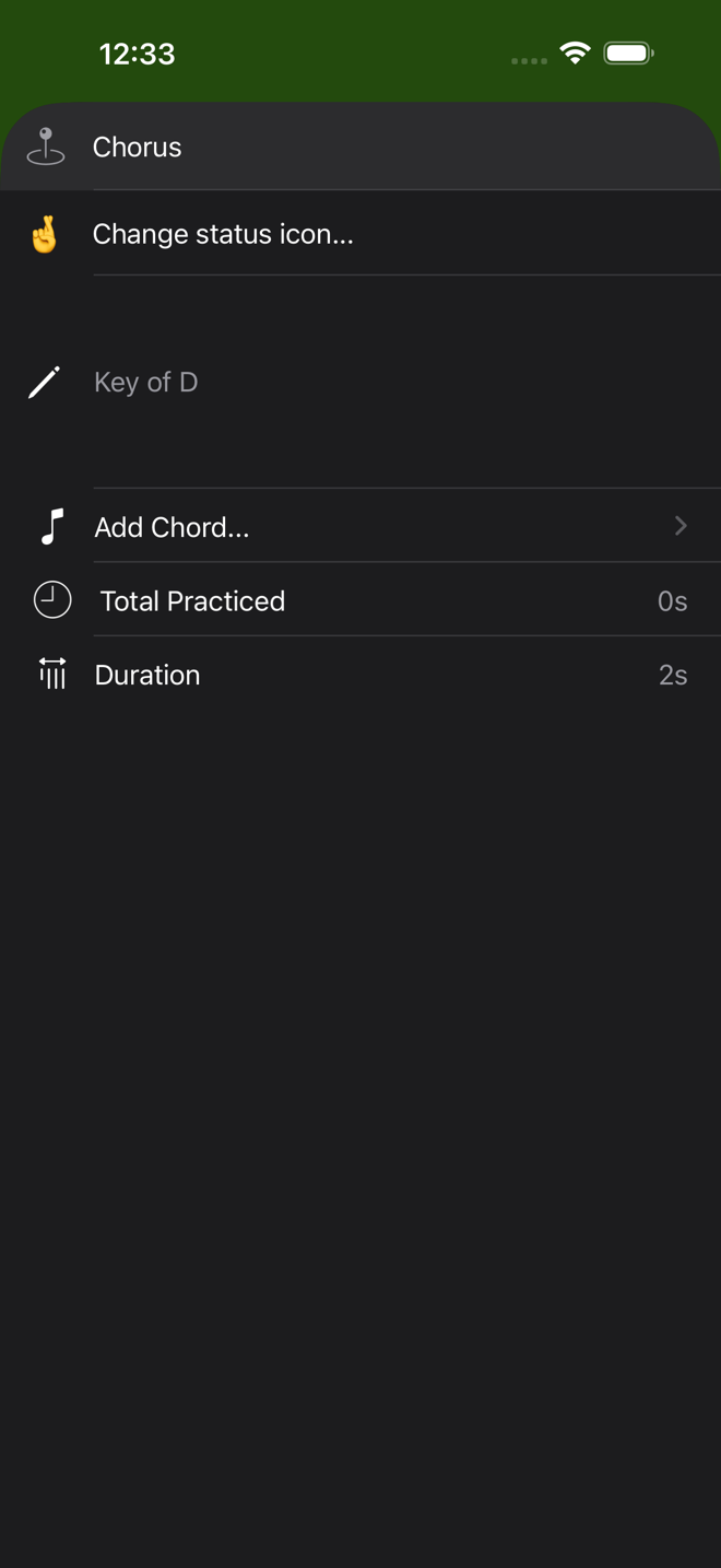 The point details screen: name, status icon, note, Add Chord, Total Practiced, Duration