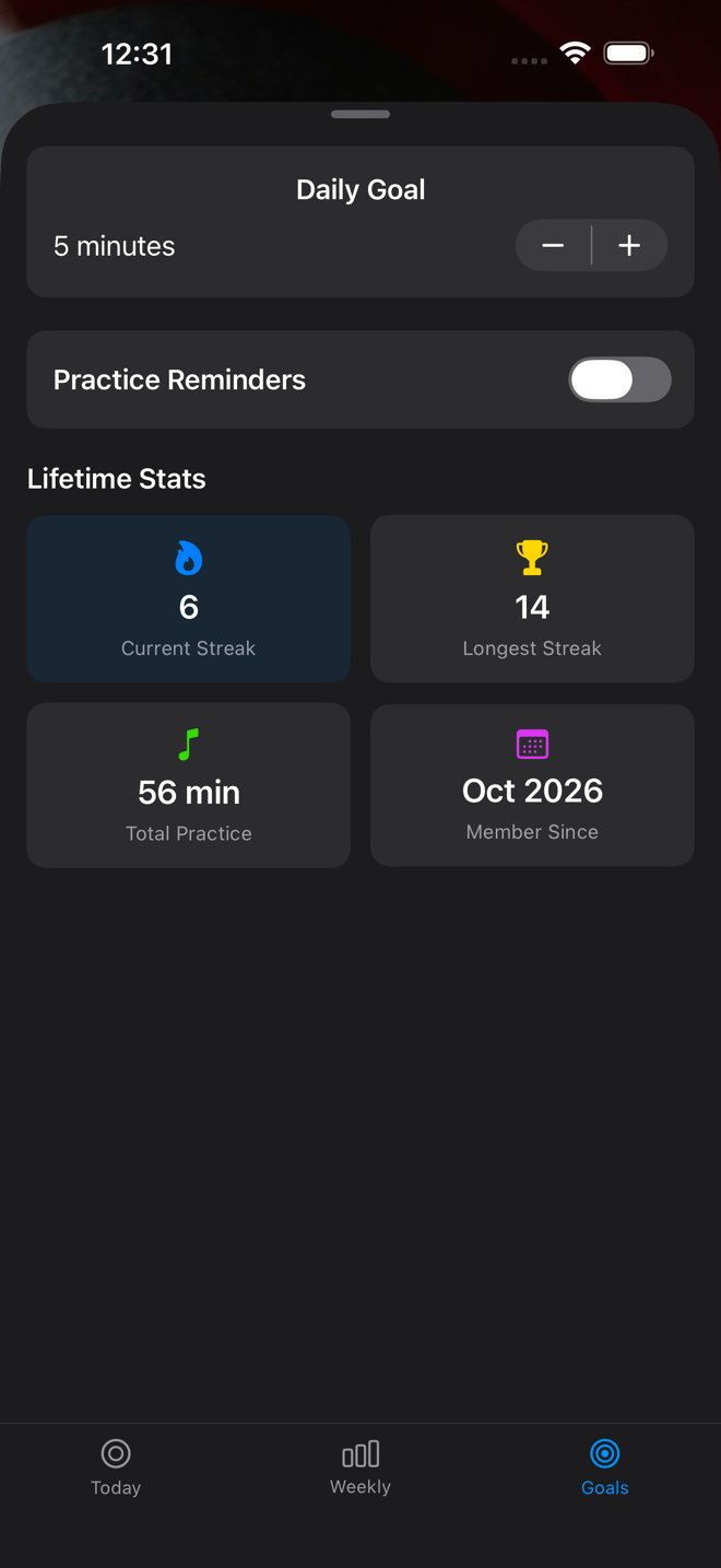 Practice Stats, Goals tab: Daily Goal, Practice Reminders, Current Streak, Longest Streak, Total Practice