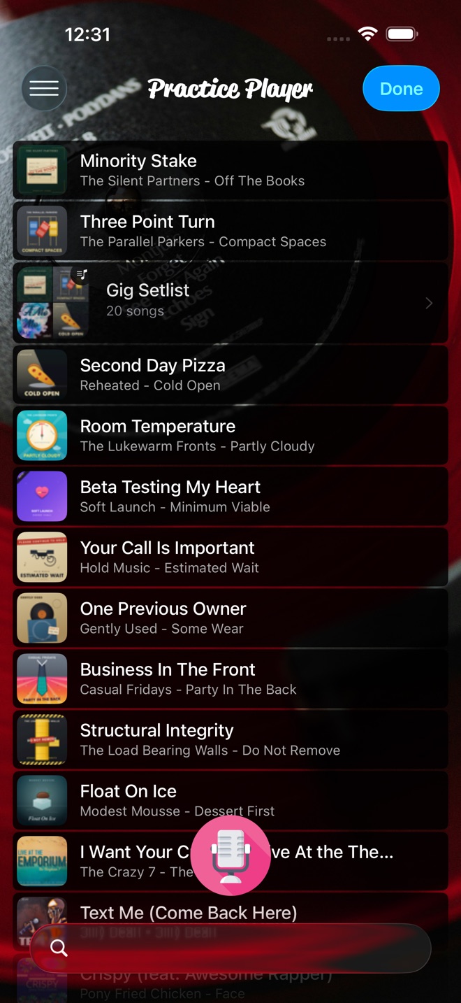 The song list in record mode: a pink mic button at the bottom and Done at the top right